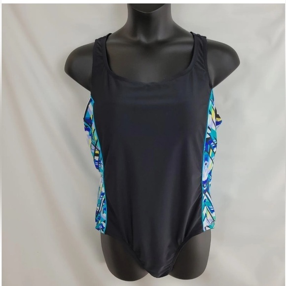 Catalina One Piece Swimsuit Black Floral Print 3X Slimming Racerback Side Stipes - Picture 9 of 9